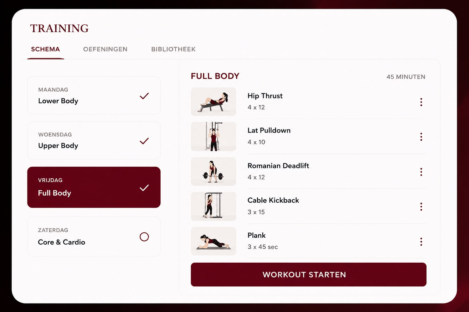 Trainingsschema in de DiLadyBody app